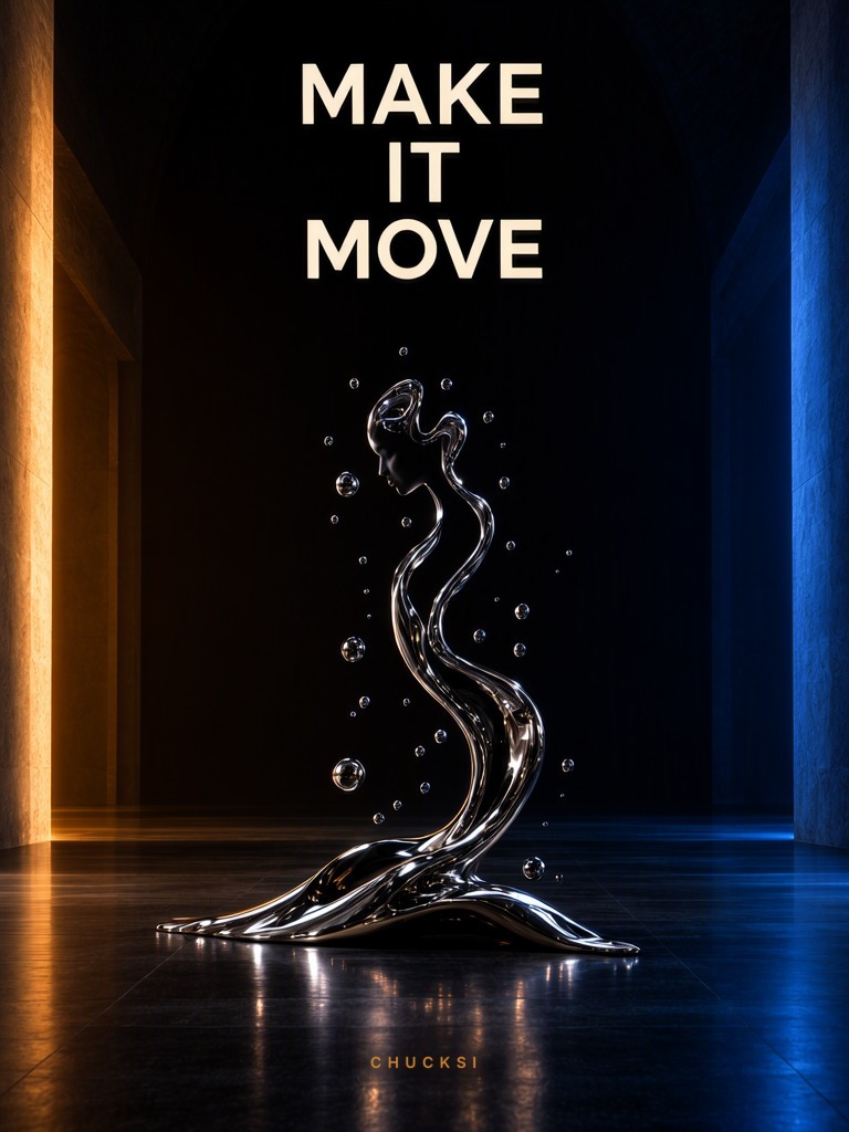 Make It Move poster with a liquid chrome sculpture, created in Chucksi