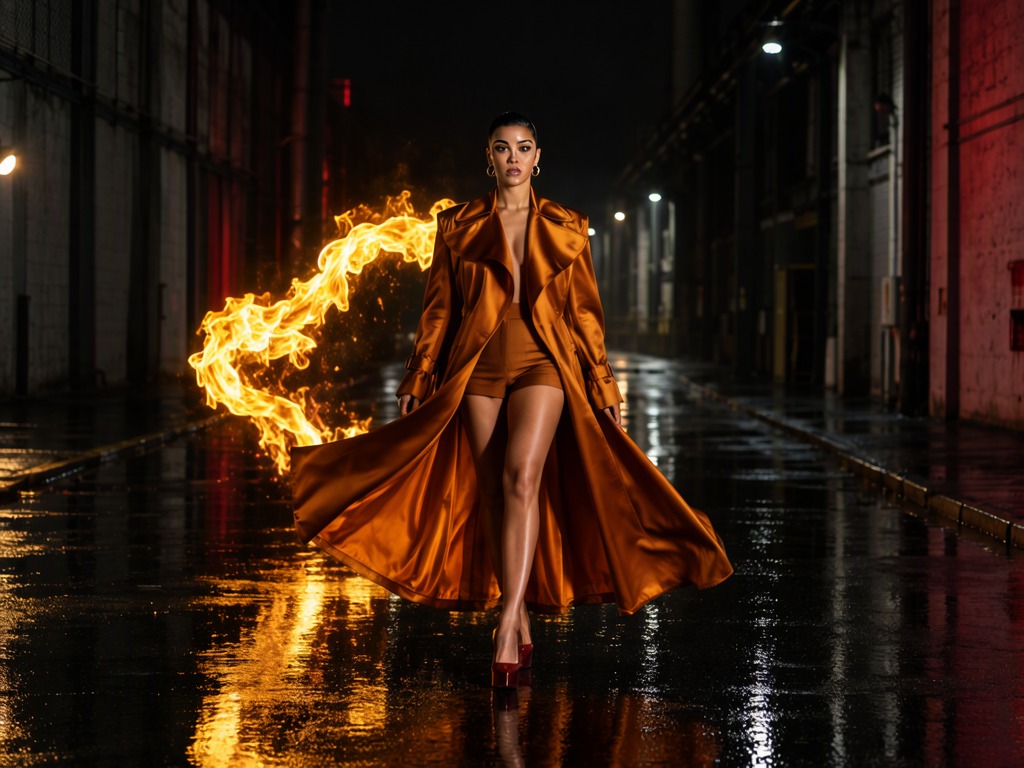 Amber-coated performer and a ribbon of fire