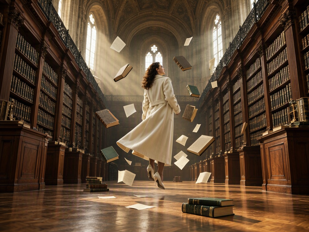 A floating reader and books in an old library